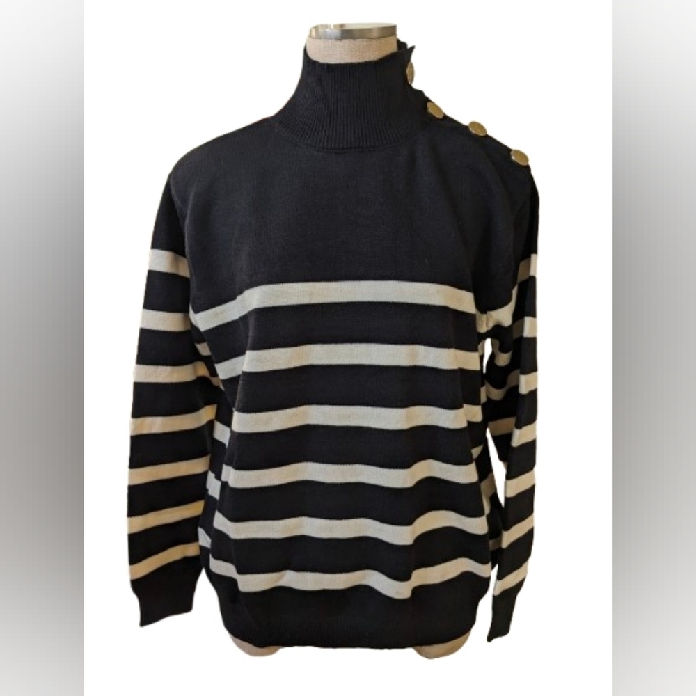 Striped Black and Cream Turtleneck Sweater